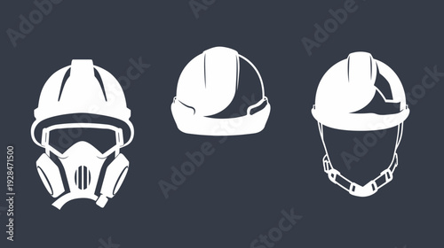A white illustration featuring construction helmets and a respirator on a dark blue background