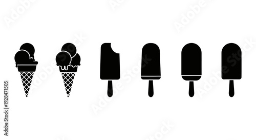 Black and white illustration of various frozen dessert treats in a row