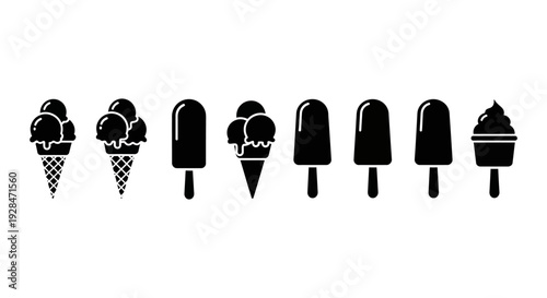 Black and white illustration of various frozen dessert treats 