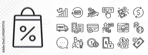 Private payment, Cyber attack and Loan percent line icons for web app. Glare of light effect. Message icon. Pack of Rejected payment, Free delivery, Credit card pictogram icons. Vector