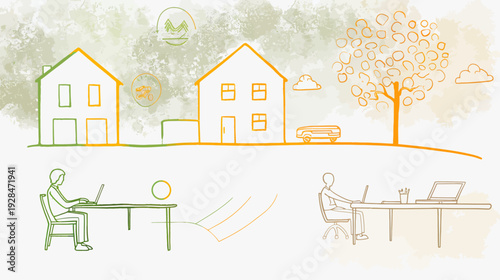 Illustration featuring houses, tree, clouds, and people working on laptops, with a natural color scheme
