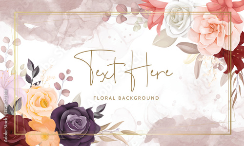 Elegant Watercolor Floral Background with Peach and Burgundy Blooms Flowers