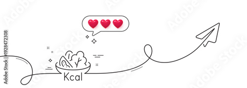 Salad line icon. Continuous line with share plane. Diet kcal sign. Low calories food symbol. Hearts rate review in speech bubble. Salad single line ribbon. Loop curve pattern. Vector