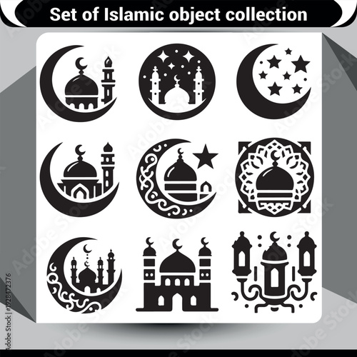 Nine Islamic elements featuring crescent moon, mosques, and stars in circles