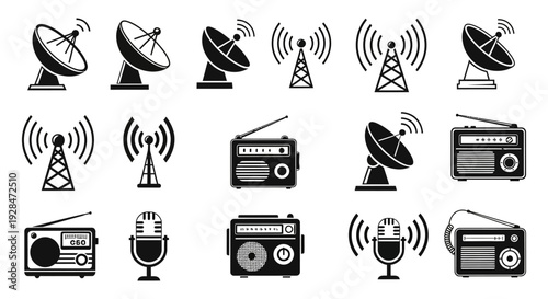 Collection of various communication and broadcasting icons in black and white