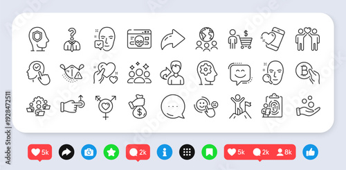 Teamwork, Genders and Leadership line icons pack. Social media: share, comment, like icons. Face search, Fingerprint, Heart web icon. Medical mask, Select user, Hold heart pictogram. Vector