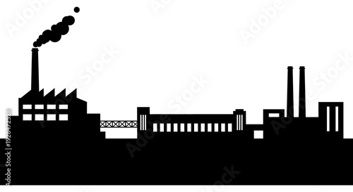 Silhouette of an industrial cityscape featuring factories and a smoking chimney