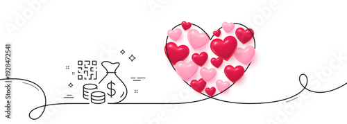 Qr code line icon. Continuous line big heart. Scan barcode sign. Online payment symbol. 3d hearts in heart shaped loop. Qr code single line ribbon. Loop curve pattern. Vector