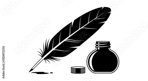 A black quill pen rests beside a small inkwell on a white background