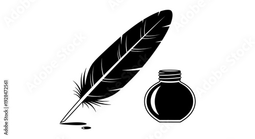 A black quill pen rests beside a dark inkwell on a white background