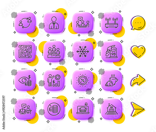 User communication, Human and Furniture line icons. App 3d buttons. Social media comment, share, like icons. Pack of Wifi, Court judge, No cash icon. Vector