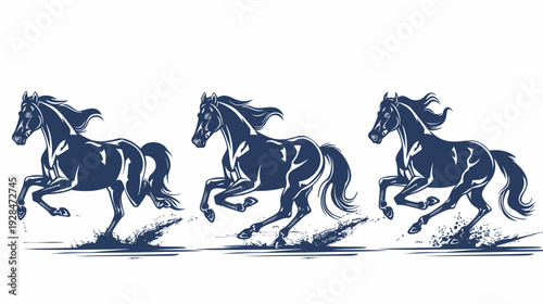 Three stylized, dark blue horse silhouettes in motion, splashing water, against a white background