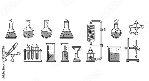 Collection of laboratory glassware and chemical equipment in a linear style