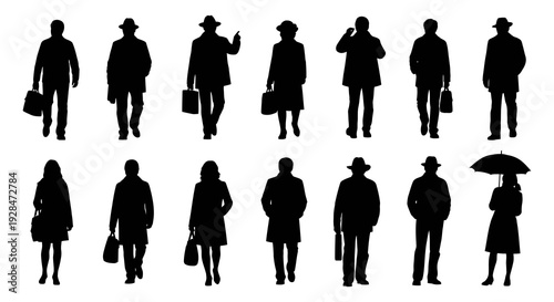 Collection of black silhouettes depicting various people walking and standing
