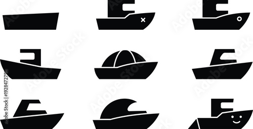 Boat silhouette collection with various modern and classic vessel shapes, simple black ship icons isolated on white background for marine transport design
