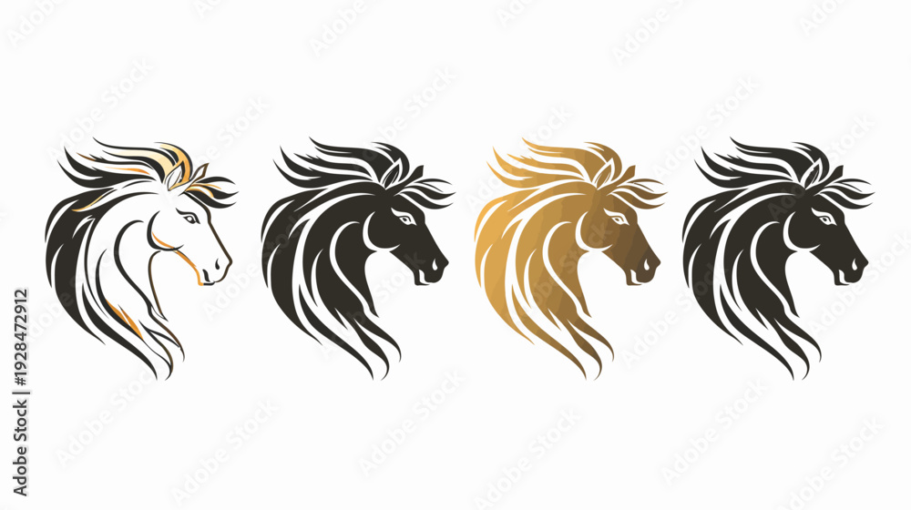 Obraz premium Artistic representations of horse heads in different color schemes, presented in a row on white background