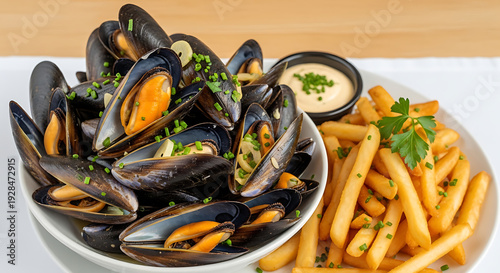 Traditional Belgian Moules Frites - Steamed Mussels with Garlic, Herbs and Crispy French Fries