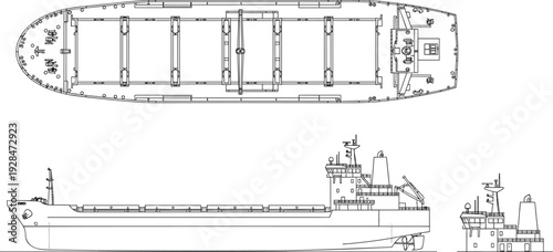 Cargo ship technical blueprint with top and side views, detailed line drawing of industrial vessel for maritime engineering, naval architecture and transportation design