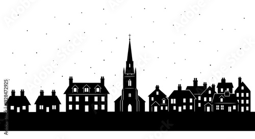 Silhouetted cityscape featuring a prominent church steeple against a starry background