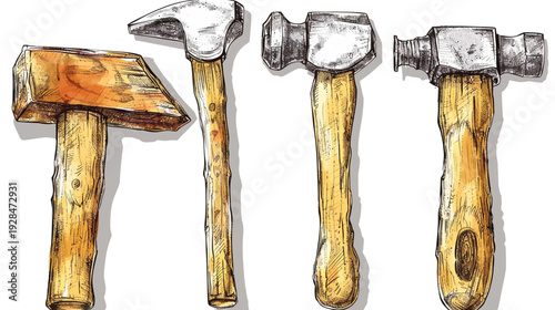 Four stylized, watercolor-style hammers with wooden handles and distinct metal heads on white background