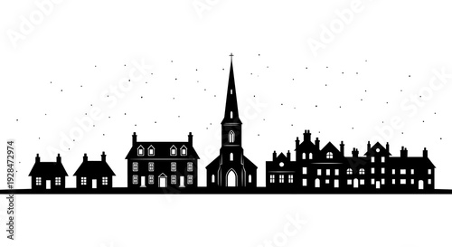 Silhouette of a quaint european town with a prominent church steeple