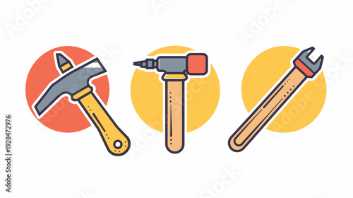 Colorful vector illustration of various tools pickaxe, hammer, and wrench, each set inside a circle