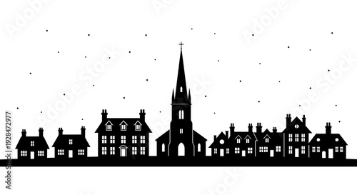 A silhouetted cityscape featuring a church steeple and quaint connected buildings