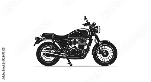 Stylized black silhouette of a classic motorcycle with rounded features and spoked wheels