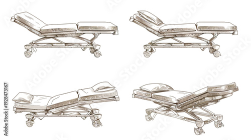 A medical illustration of adjustable hospital beds, depicting variations in angled positions
