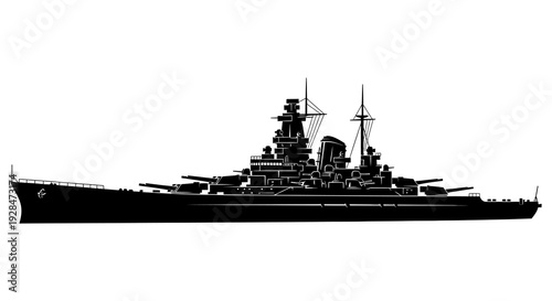 Black silhouette of a large battleship against a plain white background