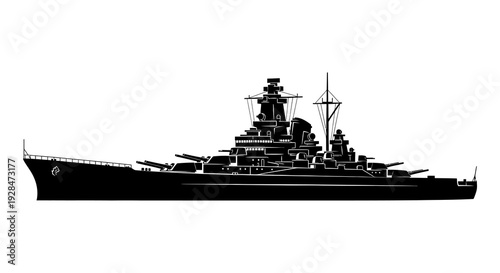 Silhouetted depiction of a large battleship against a plain white background