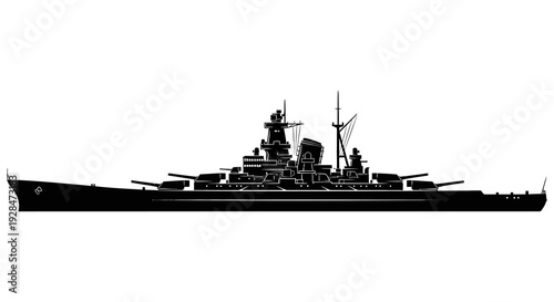 Silhouette of a large battleship against a plain white background