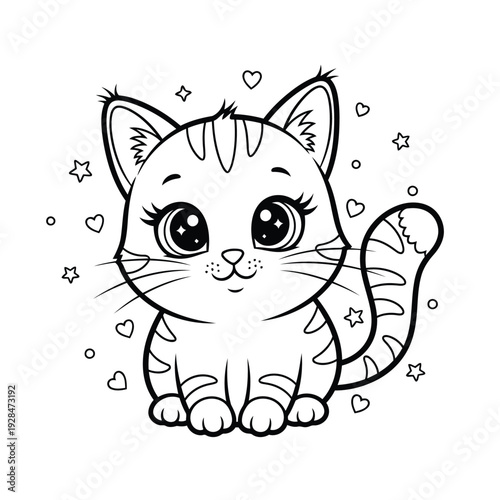 A charming sketch of a cute kitten sitting amidst falling stars in a dreamy scene Vector