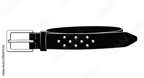 Black leather belt with silver buckle and multiple punched holes isolated on white