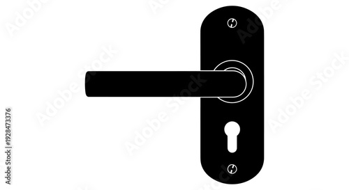 Black door handle and plate with keyhole isolated on a white background