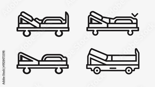 A set of four simple line art icons of hospital beds in different positions, on a white background