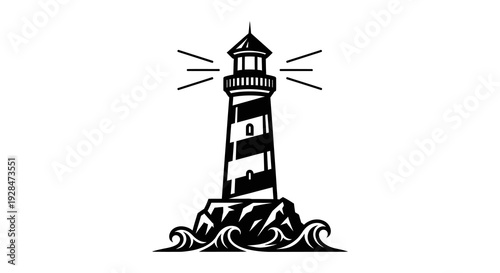 Stylized black and white illustration of a lighthouse on a rocky shore