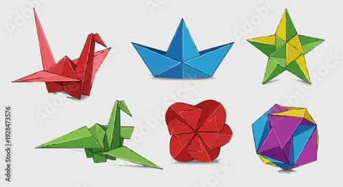 Set of Paper Origami Figures Including Crane Boat Star and Animals