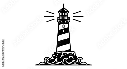 Black and white illustration of a lighthouse on a rocky island with waves