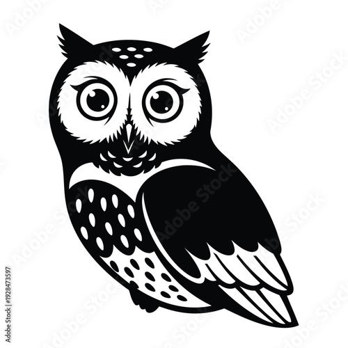 A black and white illustration of an owl with a focused gaze and textured feathers Vector