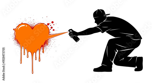 Silhouette of a person spray painting a dripping orange heart onto a white wall