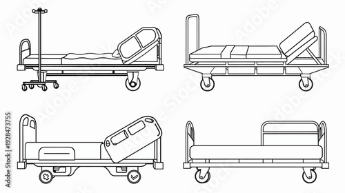 A medical illustration of four different hospital beds on wheels in a minimalist style