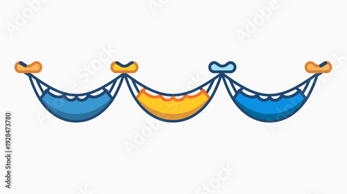 Colorful illustrated image of three hammocks, hanging in a row, with shades of blue and orange