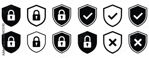 Lock, unlock, tick, and cross security shield icons set, black and white outline and solid vector style, privacy access protection and safety shield symbols, editable vector illustration collection, m