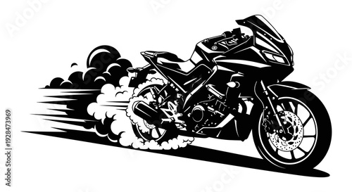 A black and white illustration of a speeding motorcycle leaving tire smoke trails