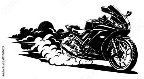 A black and white illustration of a speeding motorcycle leaving a trail of smoke