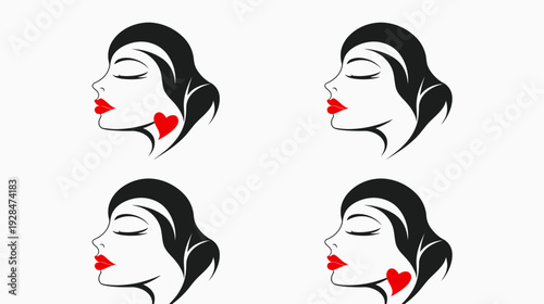 A four-panel illustration of a woman's profile with closed eyes, red lips, and black hair