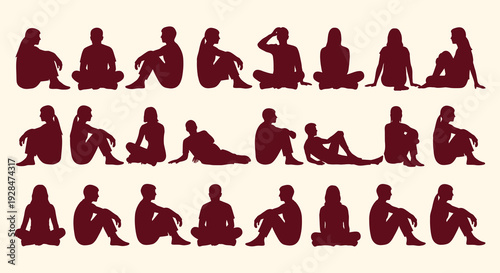 Silhouettes of people in various yoga and meditative postures against a light background
