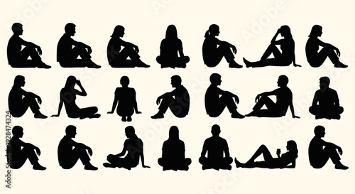 Collection of black silhouettes depicting various yoga and meditation poses