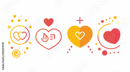 Collection of stylized heart symbols with varying design and elements. Gradient colors and shapes